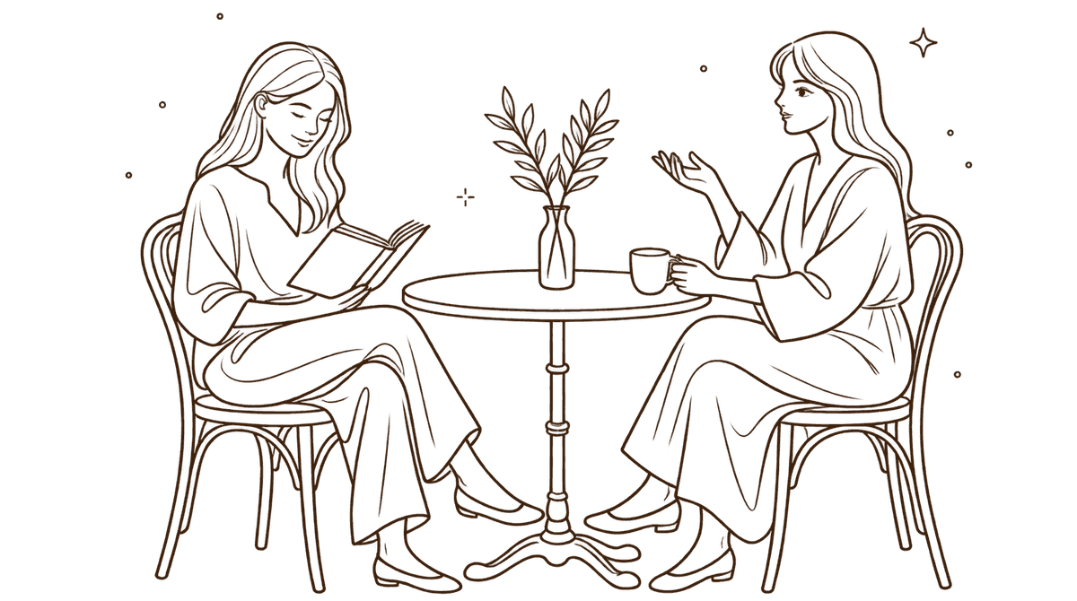 Two women reading and talking over coffee at a small table