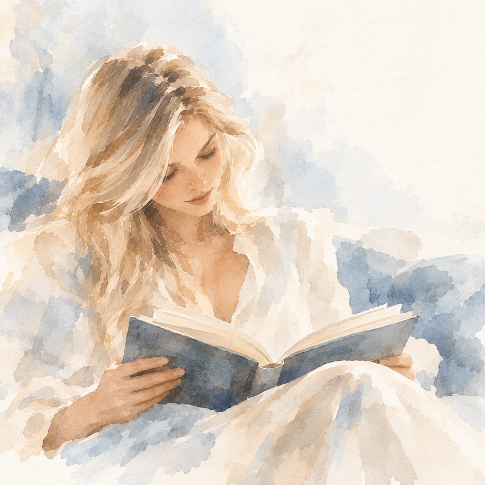 Watercolour of a woman reading a book in bed