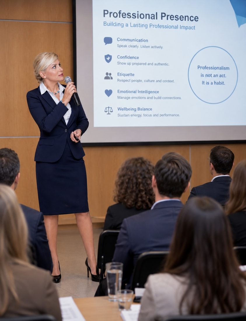 Snezana Nina Shamtani speaking on professional presence at a corporate seminar